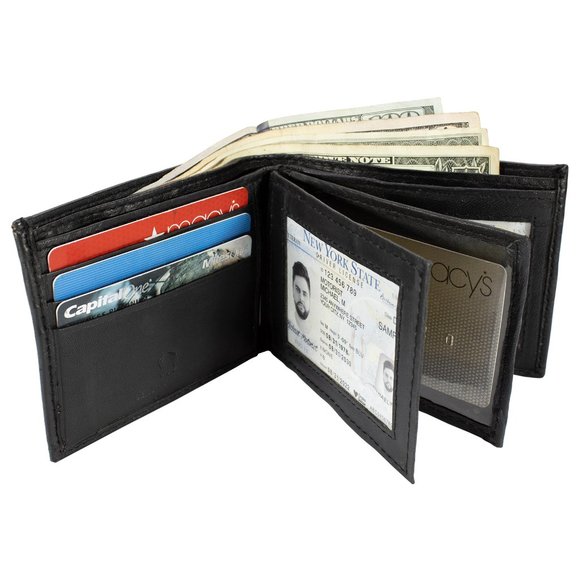 Men Lambskin Leather Wallet with Bifold 2 Center Flap, Black - Picture 2 of 13